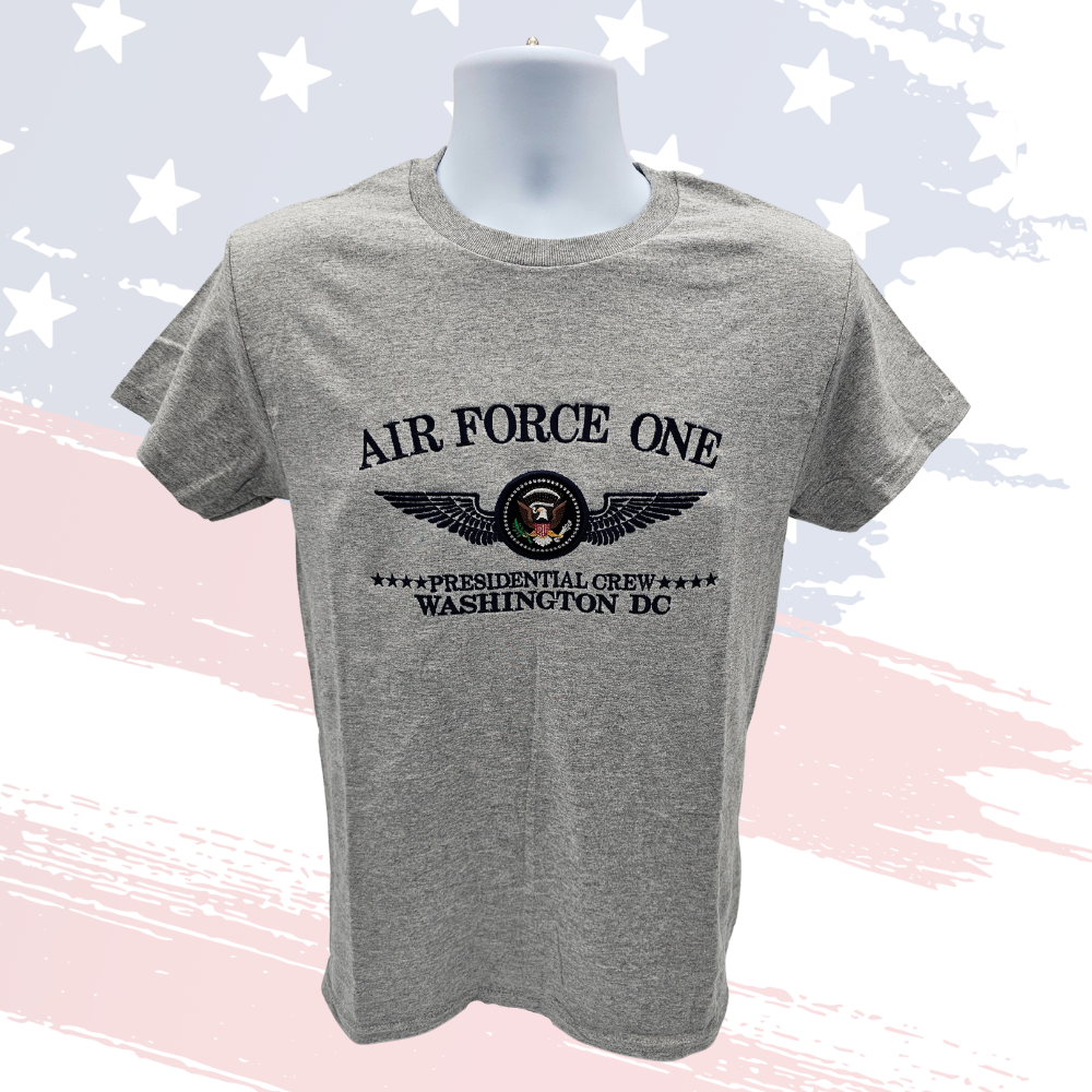 Air Force One “Presidential Crew” T-Shirt – Gray | Patriotic Embroidered Tee