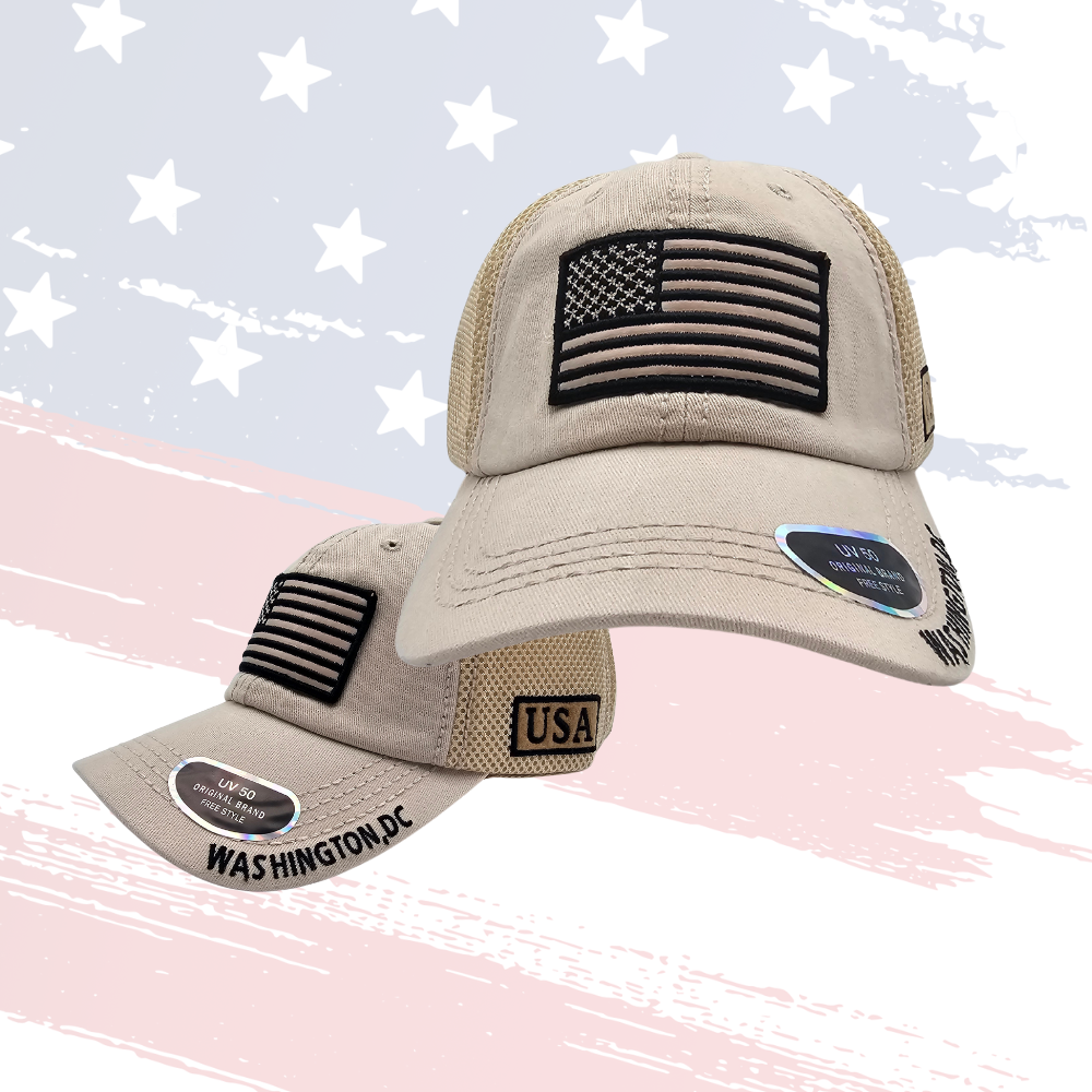 All-Tan US Flag Baseball Cap – Embroidery, Patch & Applique, UV 50 Protection