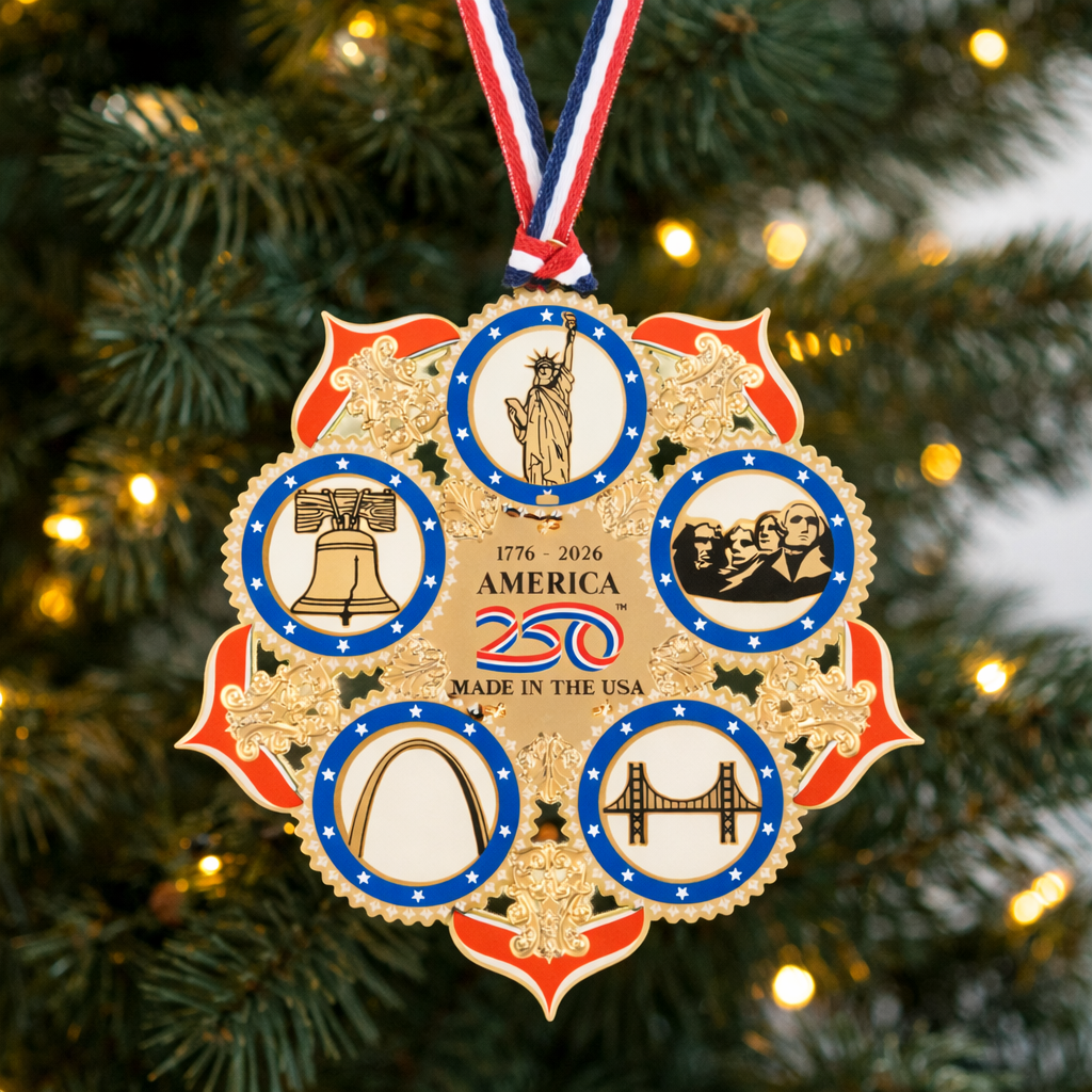 America 250 Landmark Commemorative Ornament – 24K Gold Brass USA Semiquincentennial Collectible