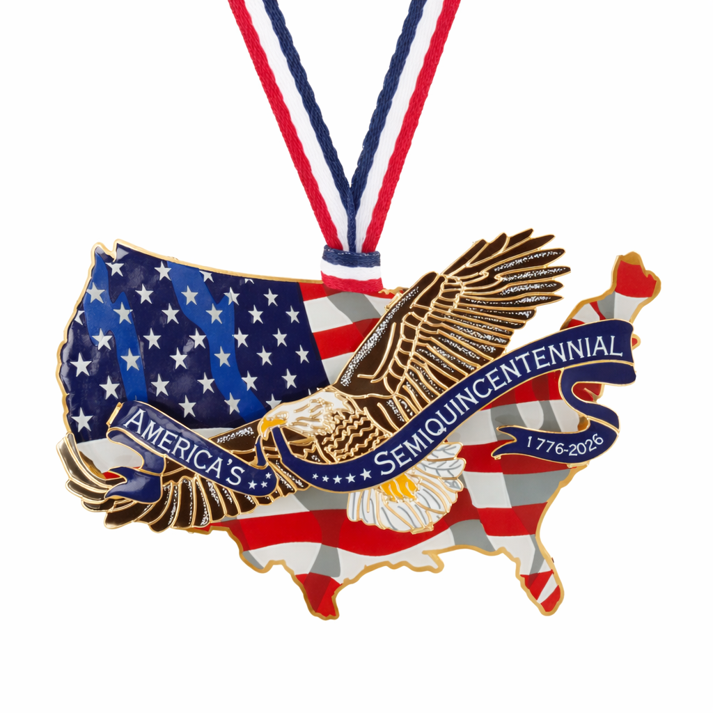 America 250 Semiquincentennial Eagle & U.S. Flag Ornament – Made in the USA Brass Patriotic Collectible