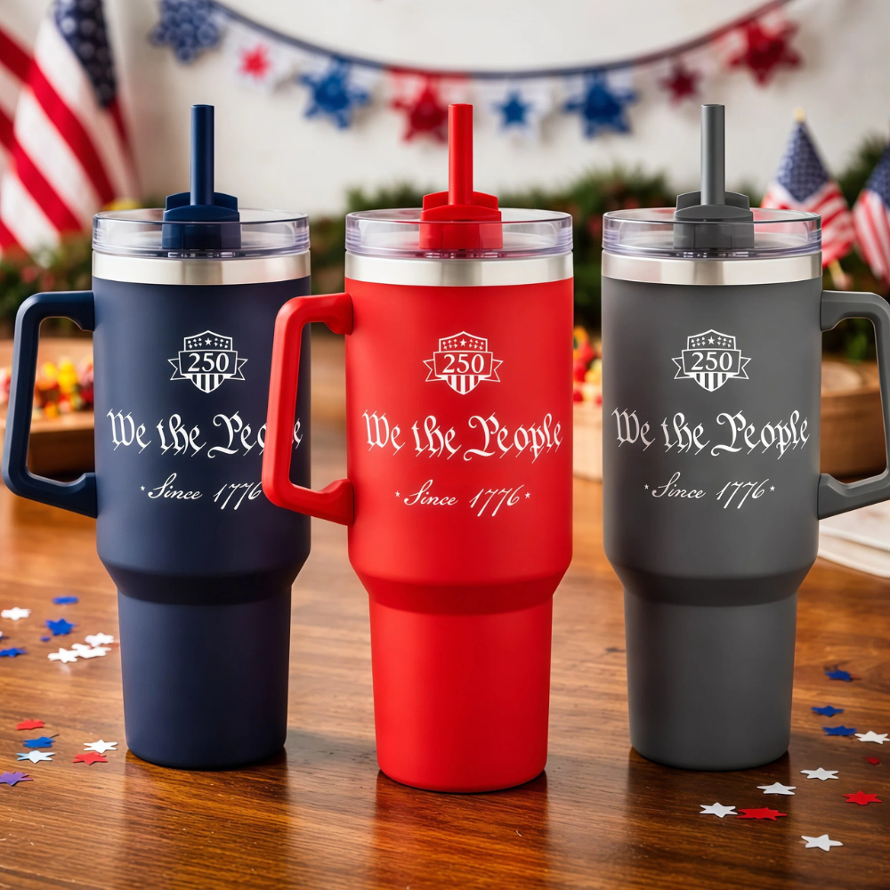 all american tumblers facebook America 250th Anniversary Tumbler with Handle & Straw – “We the People”  1776–2026