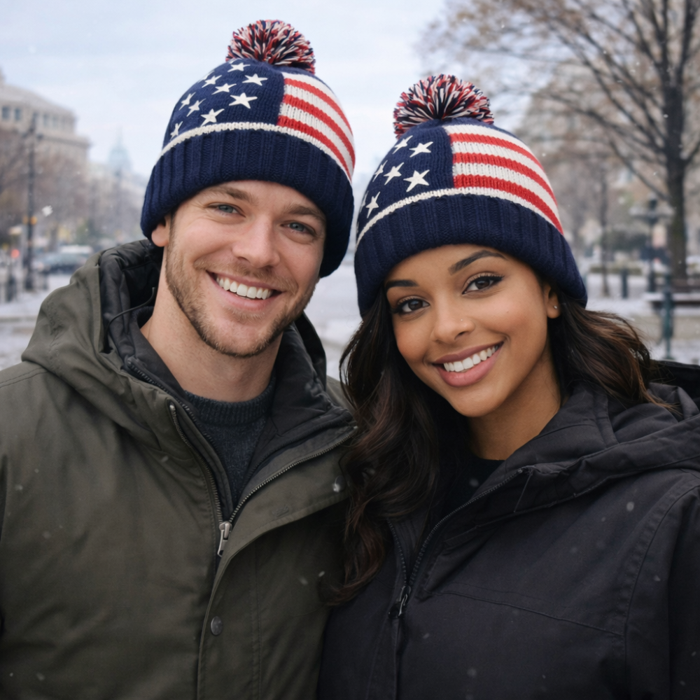 American Flag Knit Pom Beanie – USA Stars and Stripes Winter Hat Unisex