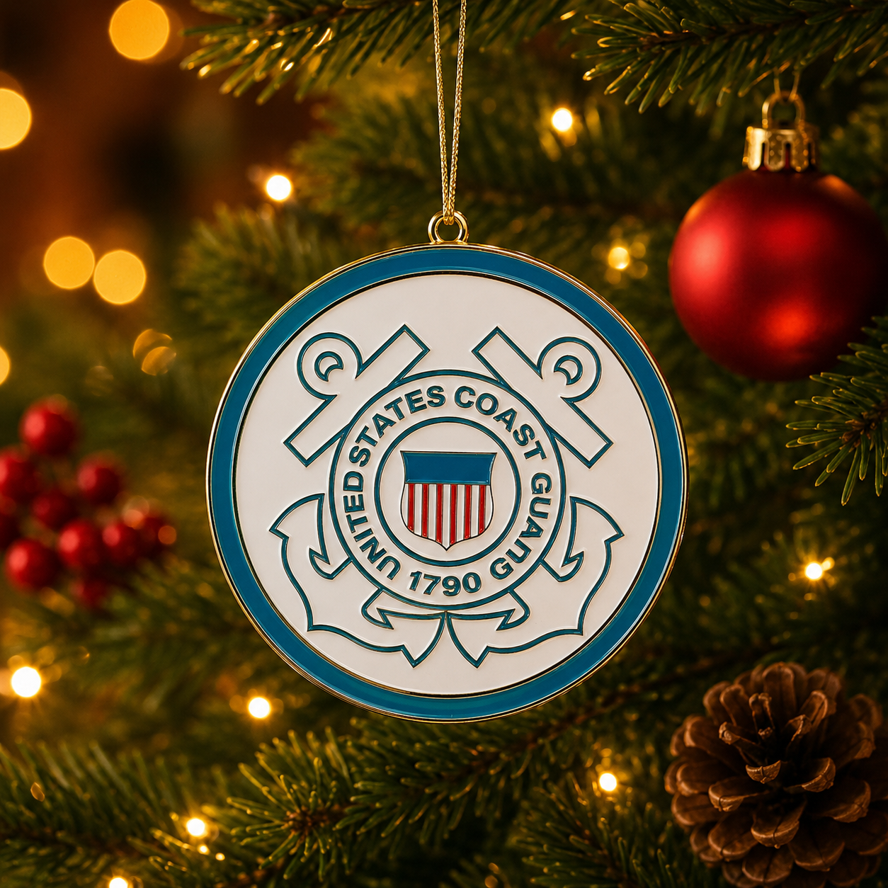 United States Coast Guard Gold-Plated Christmas Ornament - Made in USA Military Ornament Gift Boxed