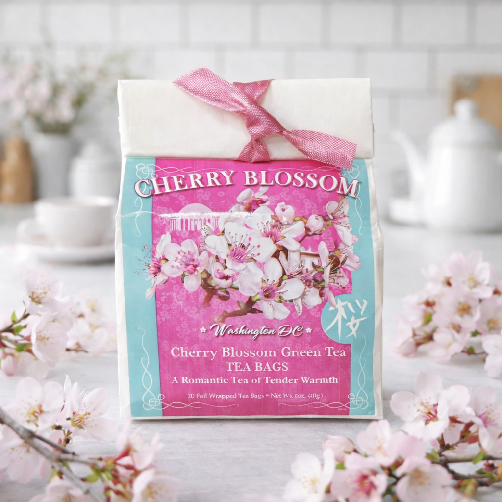 Cherry Blossom Green Tea – Washington DC Floral Tea Bags, Antioxidant-Rich, 20 Foil-Wrapped Sachets