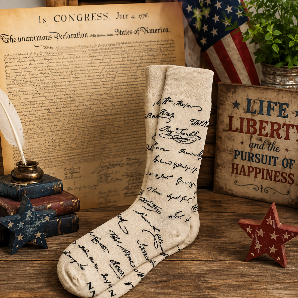 Declaration of Independence Signatures Crew Socks - Patriotic Parchment Socks