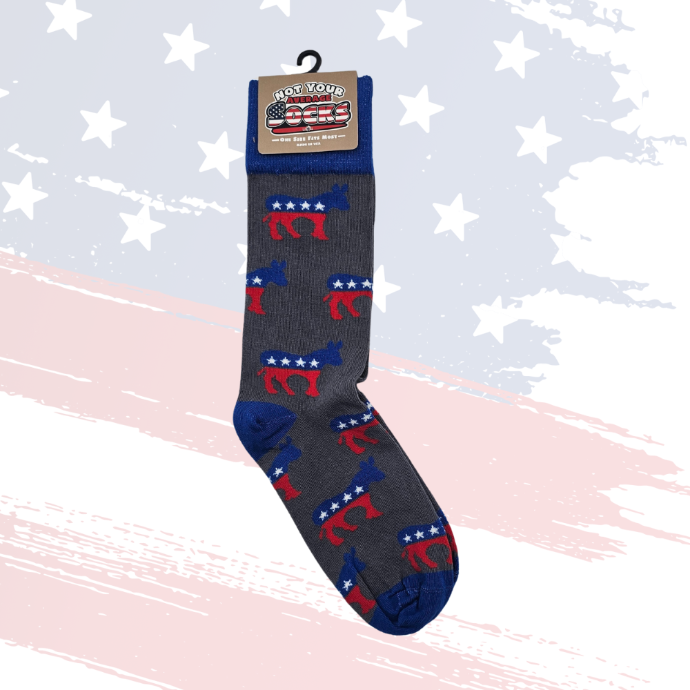 Democratic Donkey Fun Socks – Blue, Gray & Red with White Stars, One Size Fits Most, Made in USA