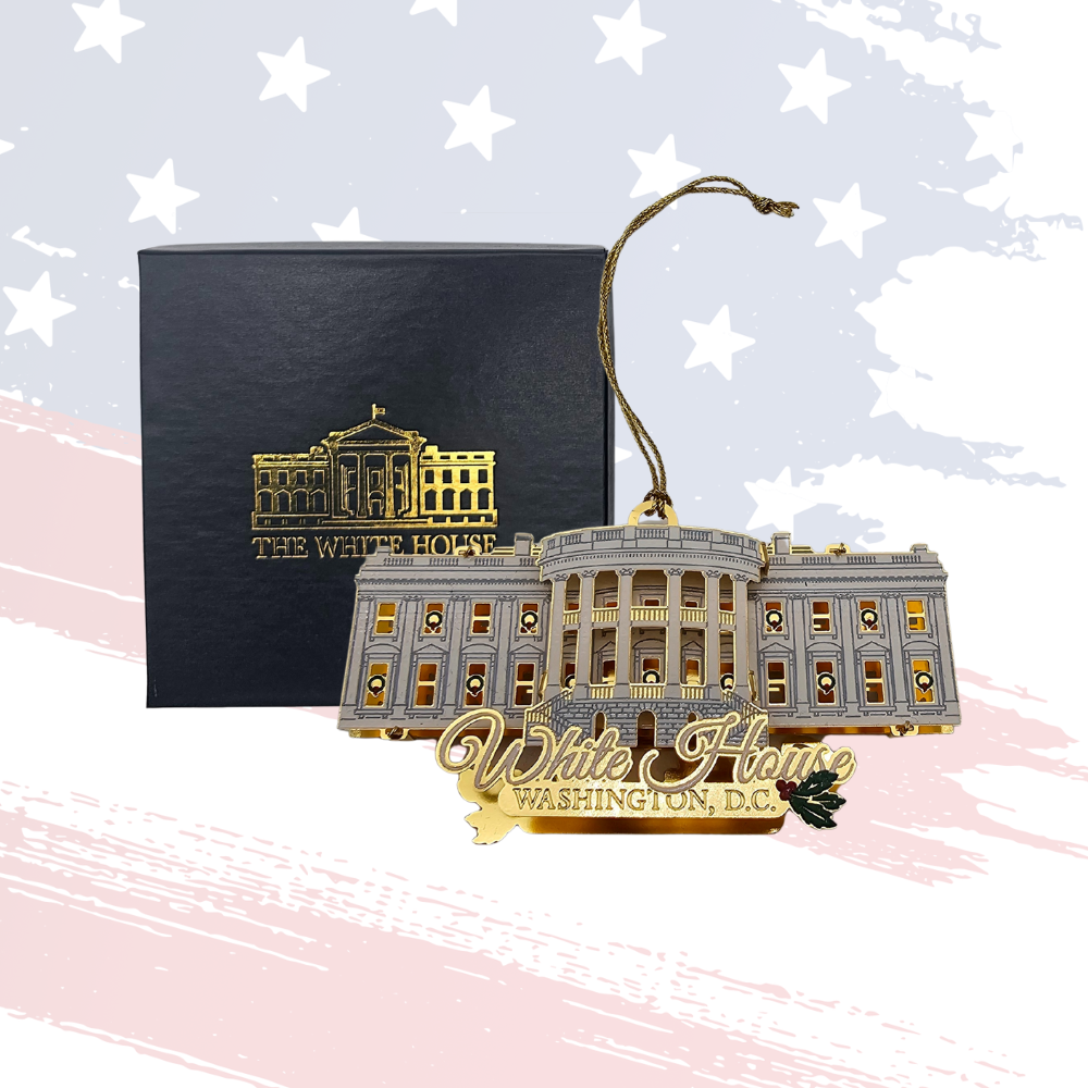 Exclusive 3D White House Christmas Ornament Christmas at the White House Navy Box with Gold Foil Washington DC