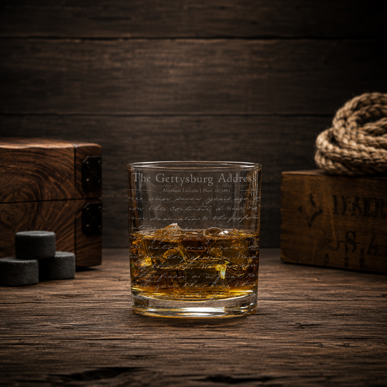 Gettysburg Address Whiskey Glass - 12 oz Laser Engraved Rocks Glass Made in USA