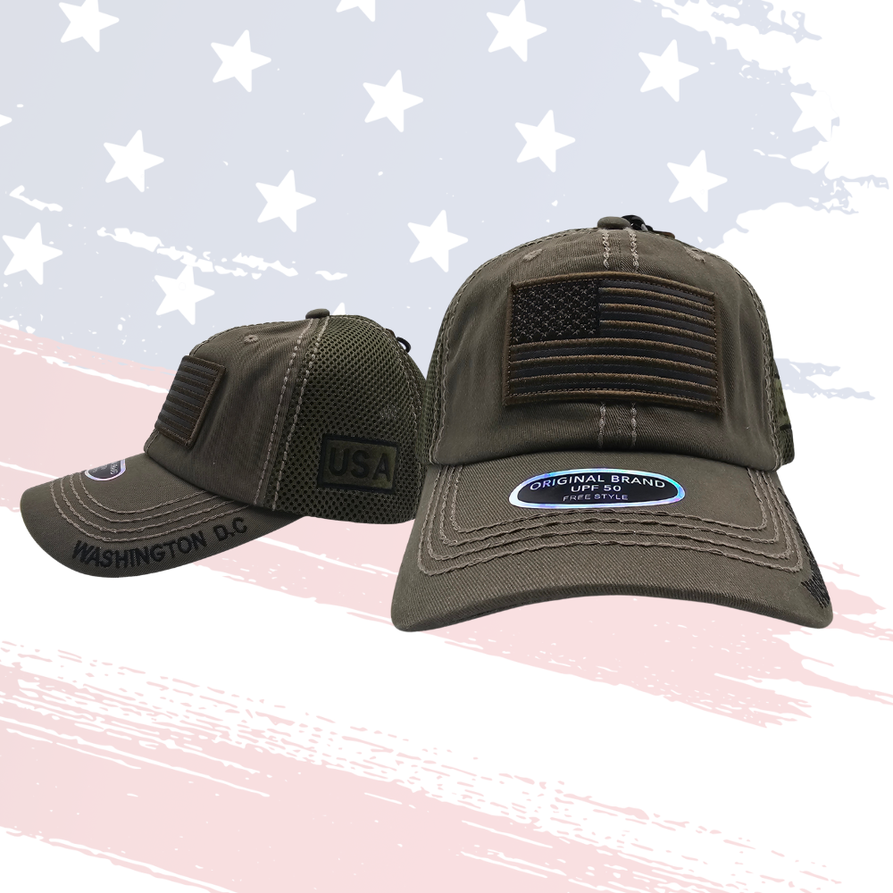 Gray & Army Green Trucker-Style US Flag Baseball Cap – Patch, Applique & Embroidery, UPF 50