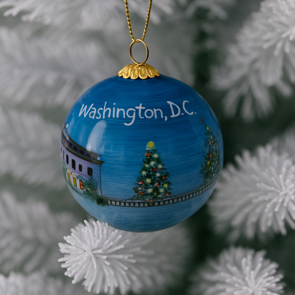 Hand-Painted Glass Ball Ornament – White House Winter Scene with Holiday Trees, Washington, D.C.