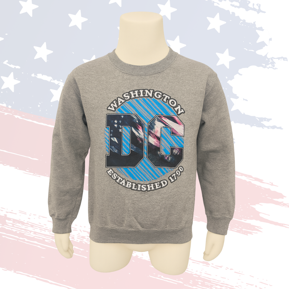 Kids Washington DC Crew Neck Sweatshirt – Unisex Gray, Established 1790 Patriotic Design