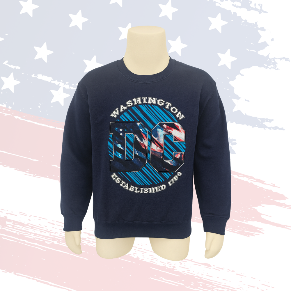 Kids Washington DC Crew Neck Sweatshirt – Unisex Navy, Established 1790 Patriotic Design
