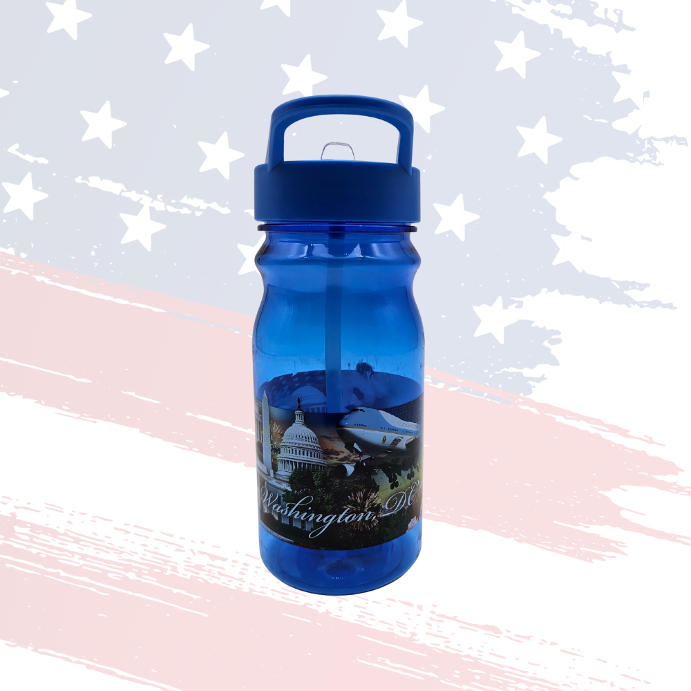 Kids Washington DC Water Bottle – 16 oz Blue with Pop-Up Straw & DC Landmarks Design