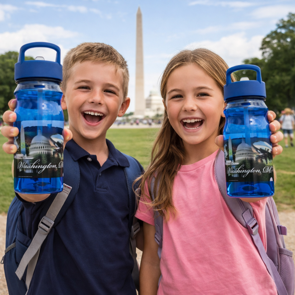 Kids Washington DC Water Bottle – 16 oz Blue with Pop-Up Straw & DC Landmarks Design