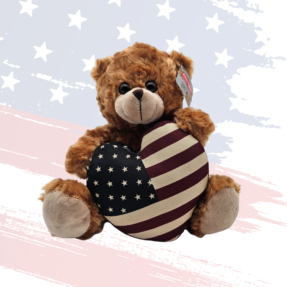 Patriotic Plush Bear – Super Soft Huggable Loveable Bear Holding U.S. Flag Heart