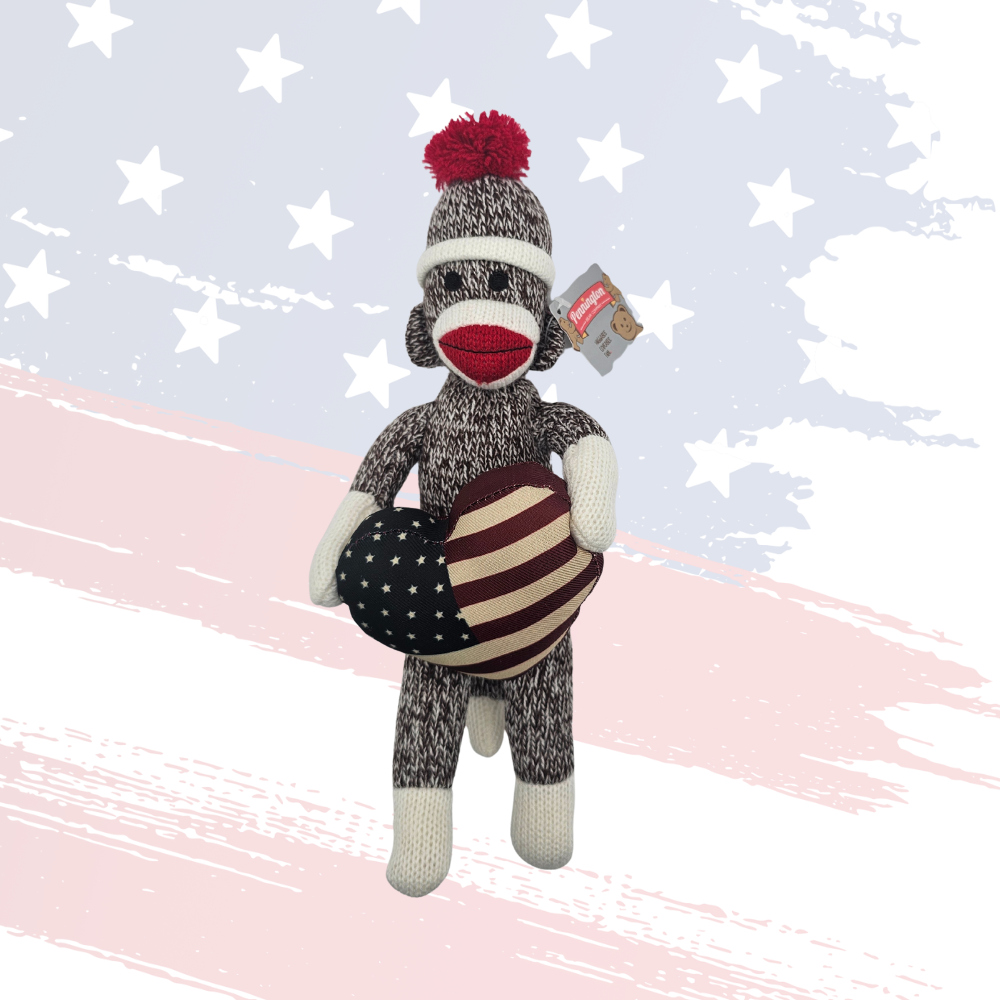 Patriotic Sock Monkey Plush – Holding American Flag Heart, Perfect Gift for All Ages