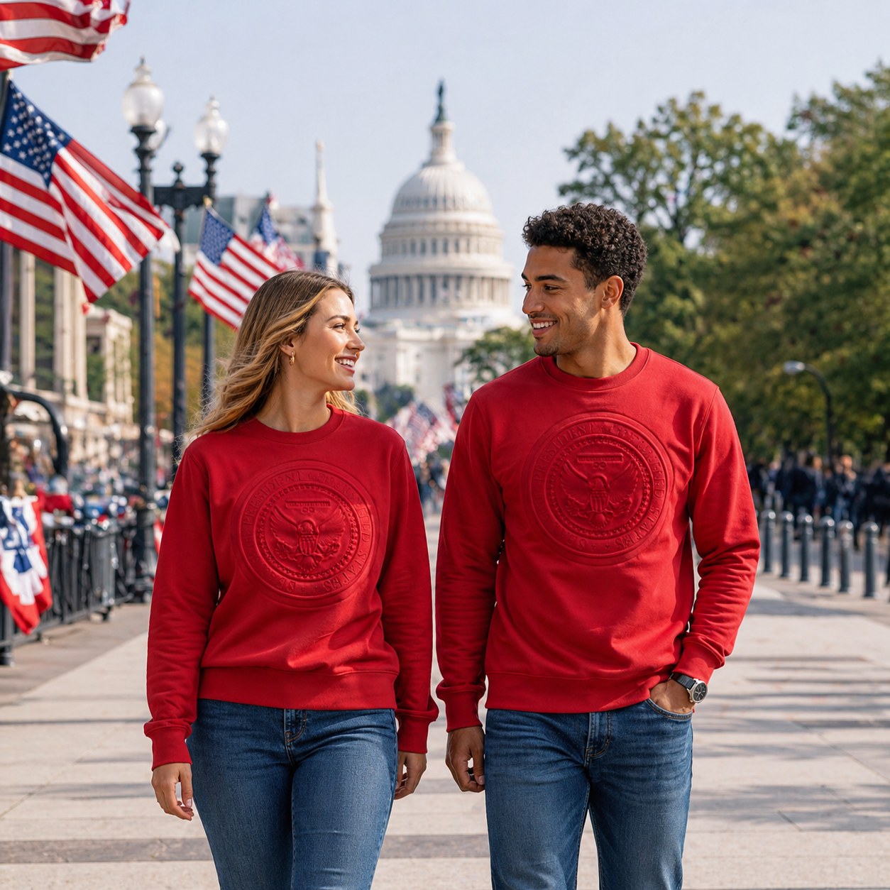 Premium Red Presidential Seal Embossed Sweatshirt – Classic American Crewneck