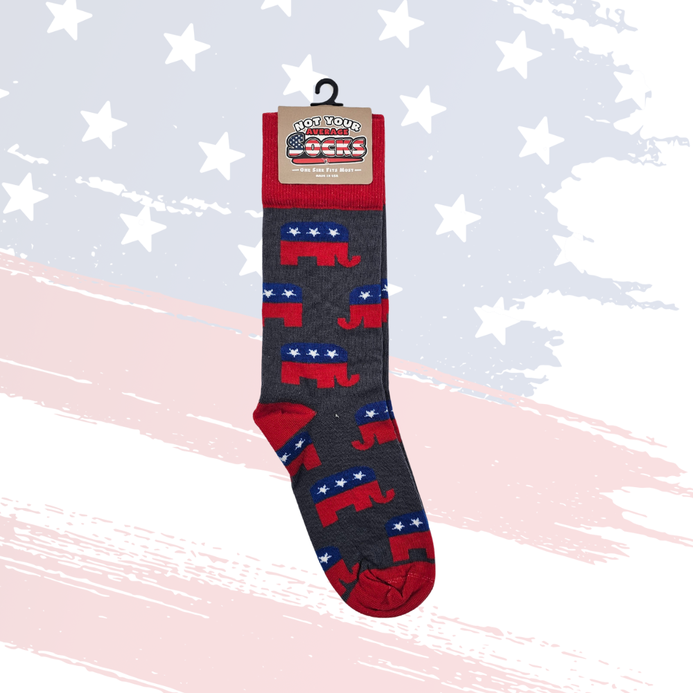 Republican Elephant Fun Socks – Patriotic Blue, Gray & Red, One Size Fits Most, Made in USA