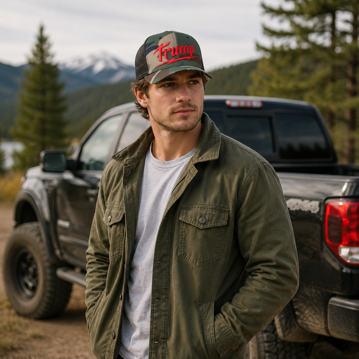 Trump Lightning Bolt Camo Trucker Hat - Embroidered Adjustable Snapback Cap