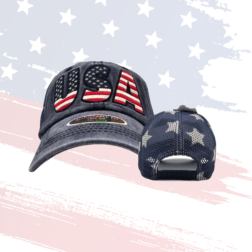 USA Red, White & Blue Baseball/Trucker Cap – Adjustable, UPF 50, Patriotic Mesh Design