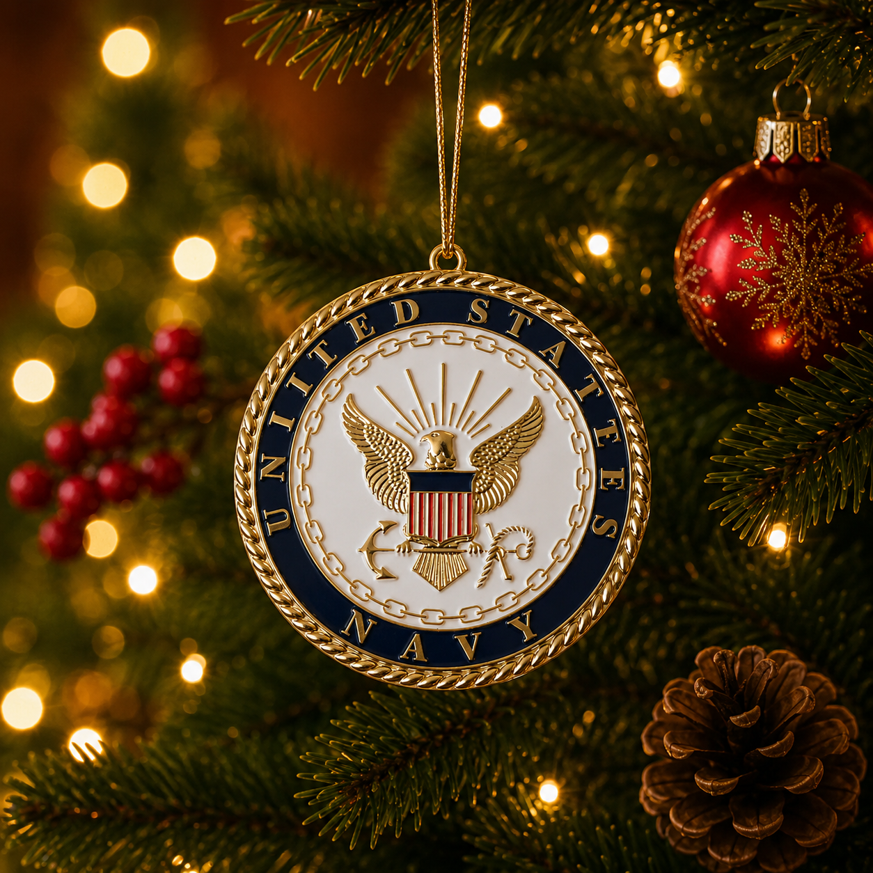 United States Navy Gold-Plated Christmas Ornament - Made in USA Military Medallion Gift Boxed