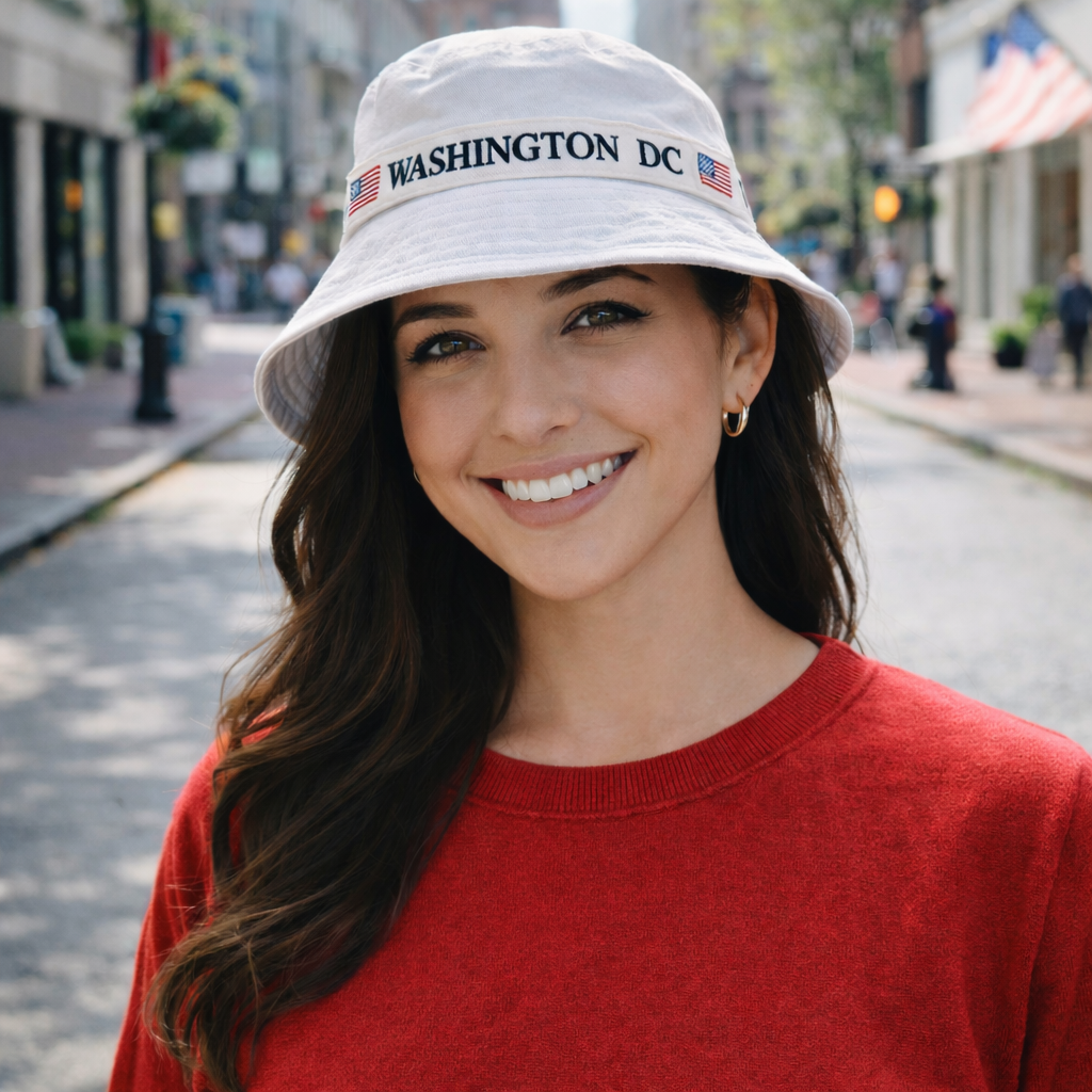 Washington DC White Bucket Hat – Unisex Cotton Sun Hat with American Flag Detail