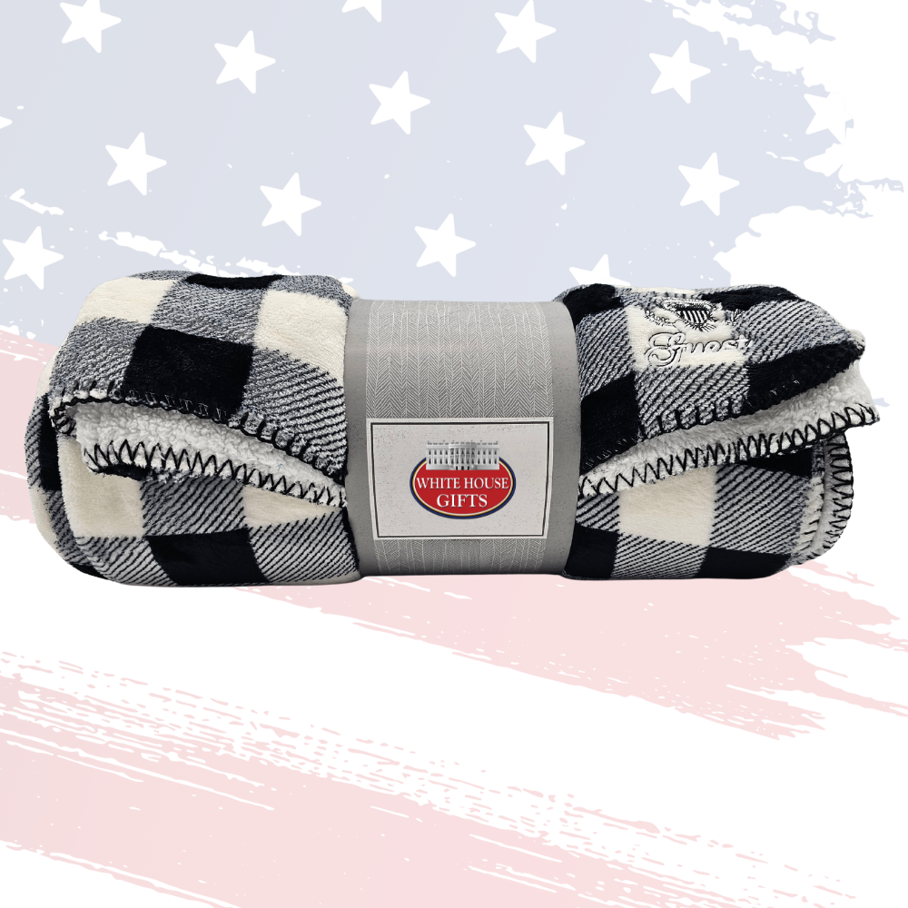 White House Gifts Black & White Buffalo Check Throw Blanket – Soft Fleece Decorative Throw with Presidential Seal