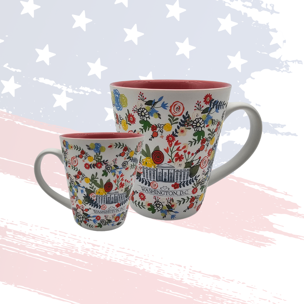 White House Floral Sketch Latte Mug – 16oz Pink Interior, Made in USA