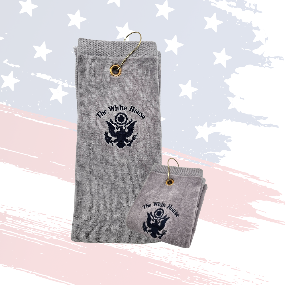 White House Golf Towel – Gray with Gold Grommet and Embroidered Design