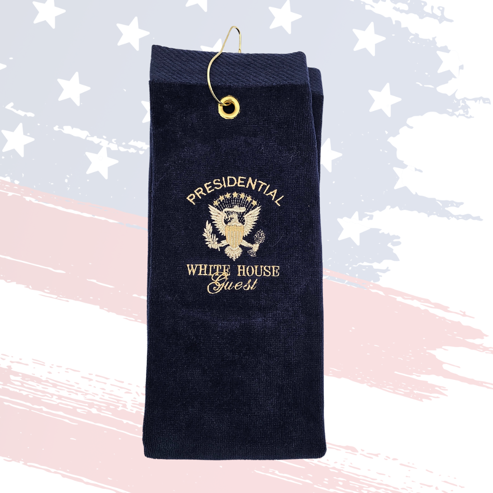 White House Guest Golf Towel – Navy with Gold Grommet | Embroidered Cotton