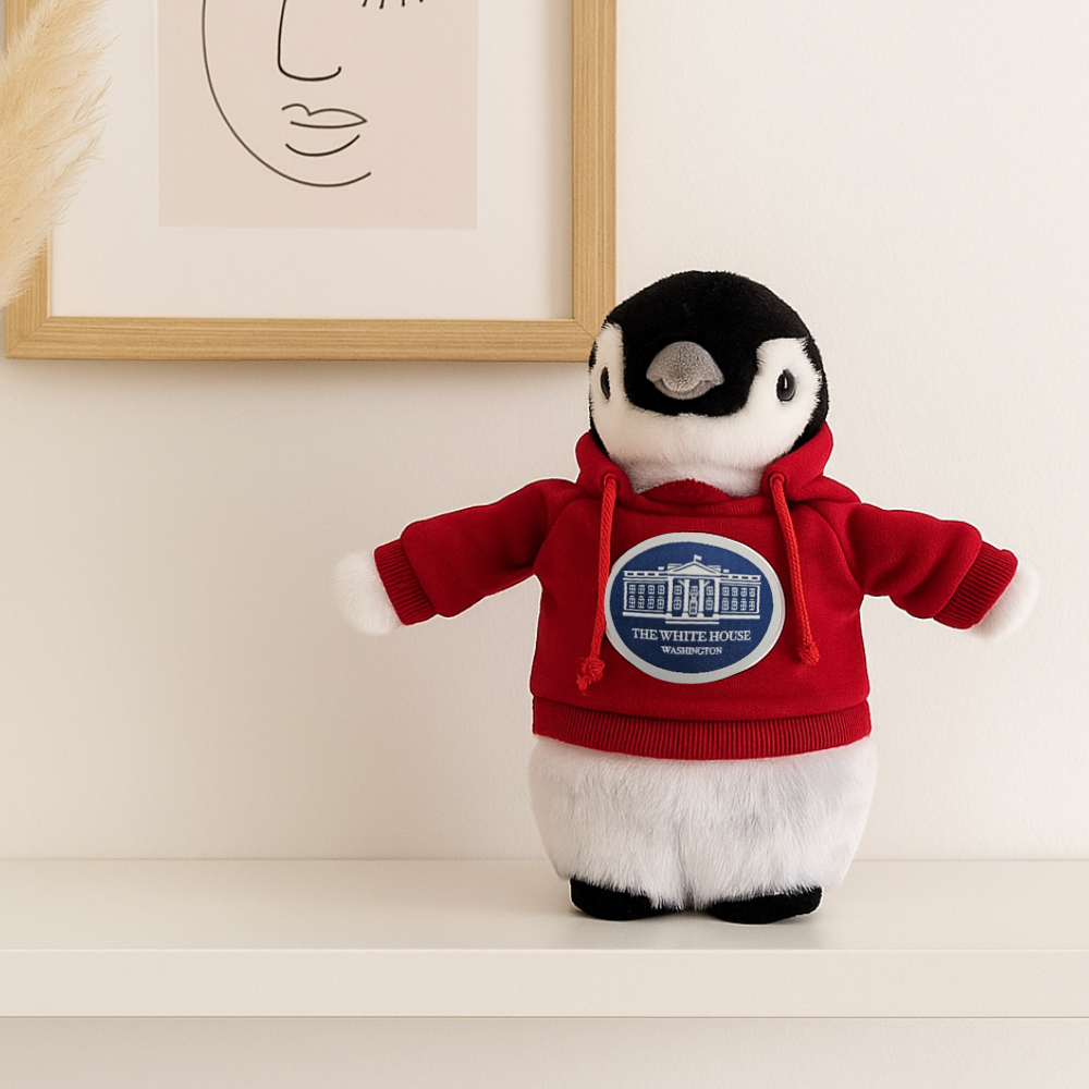 White House Penguin Plush – Soft Stuffed Animal in Red Hoodie