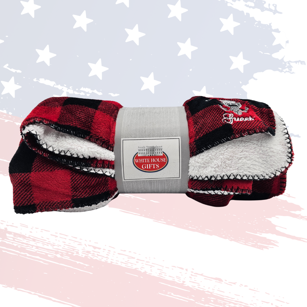 White House Gifts Red & White Buffalo Check Throw Blanket – Soft Fleece Decorative Throw with Presidential Seal
