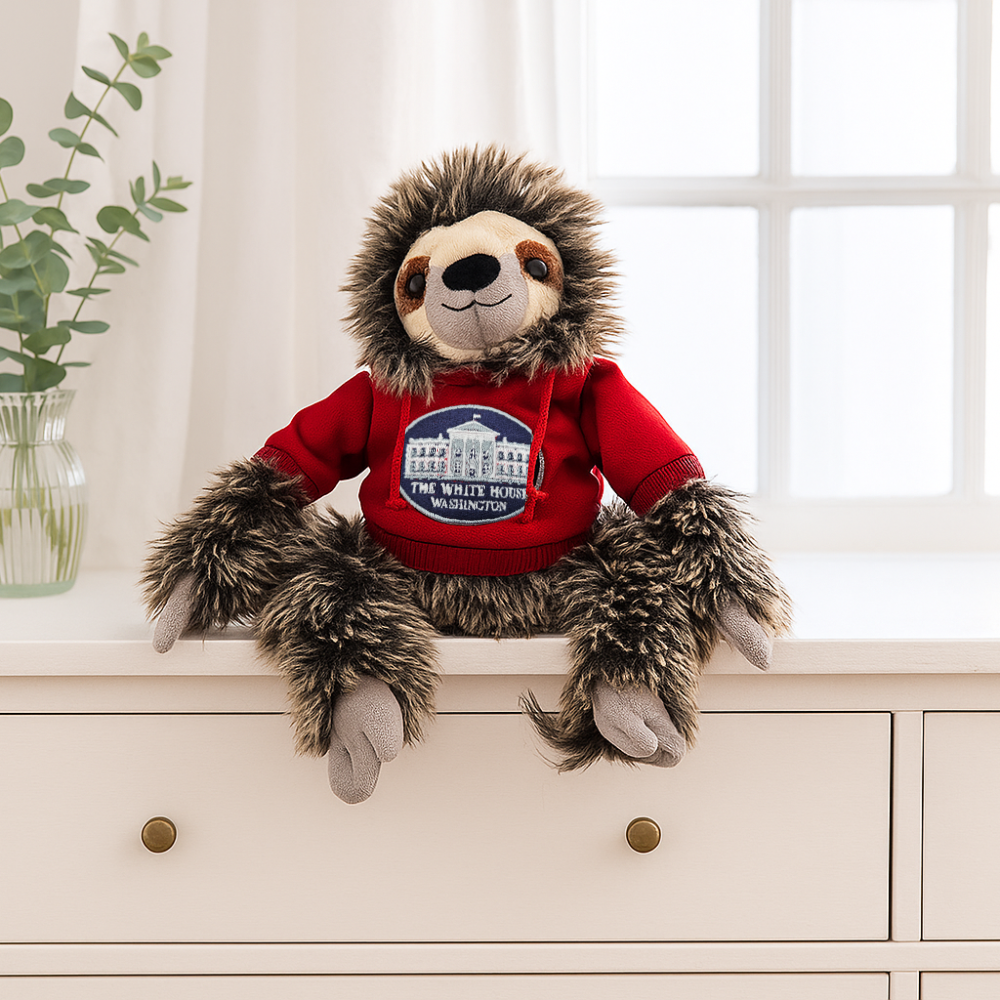 White House Sloth Plush – Soft Stuffed Animal in Red Hoodie