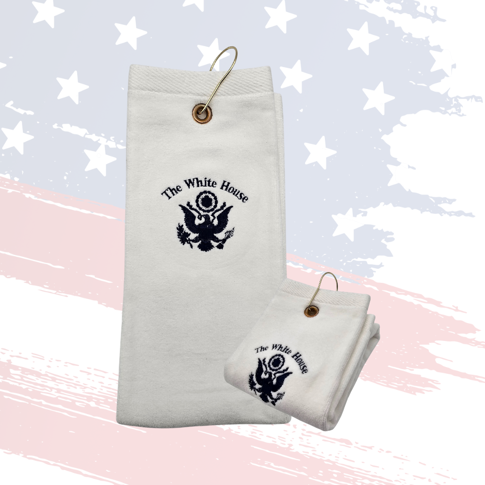 White House Golf Towel – White with Gold Grommet and Embroidered Design