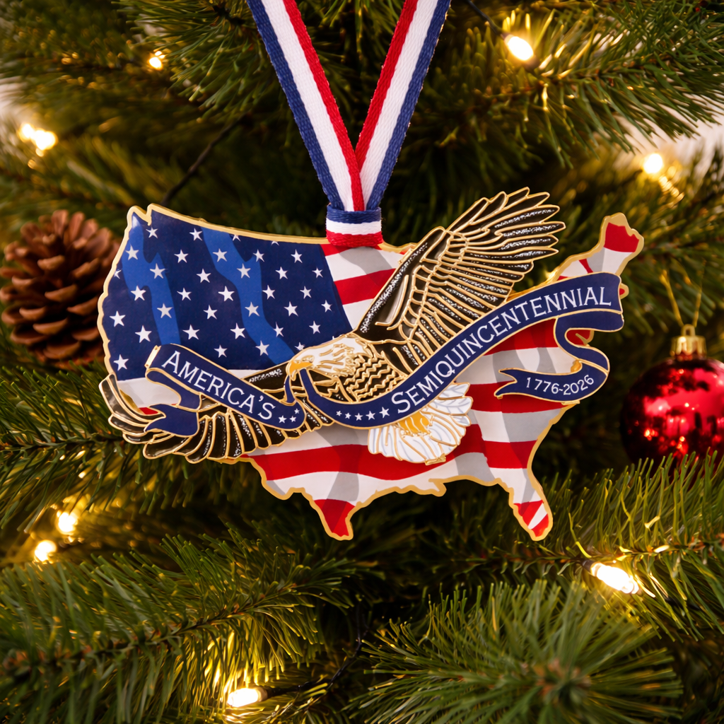 America 250 Semiquincentennial Eagle & U.S. Flag Ornament – Made in the USA Brass Patriotic Collectible