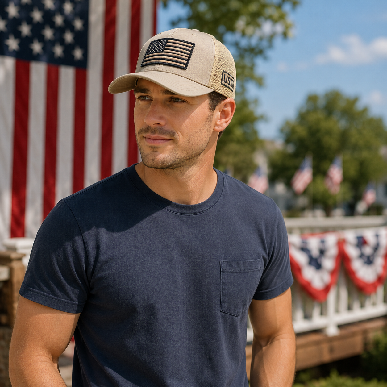 All-Tan US Flag Baseball Cap – Embroidery, Patch & Applique, UV 50 Protection