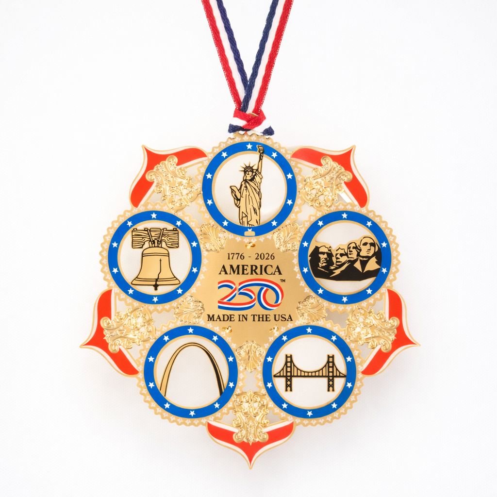 America 250 Landmark Commemorative Ornament – 24K Gold Brass USA Semiquincentennial Collectible
