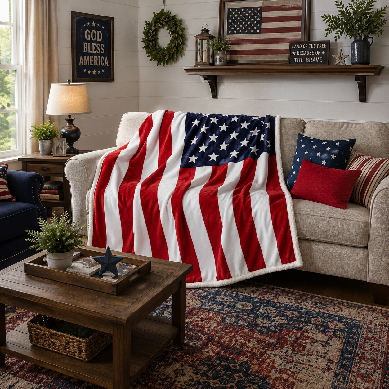 American Flag Sherpa Throw Blanket – Ultra Soft Patriotic Fleece Blanket -  50" x 60"