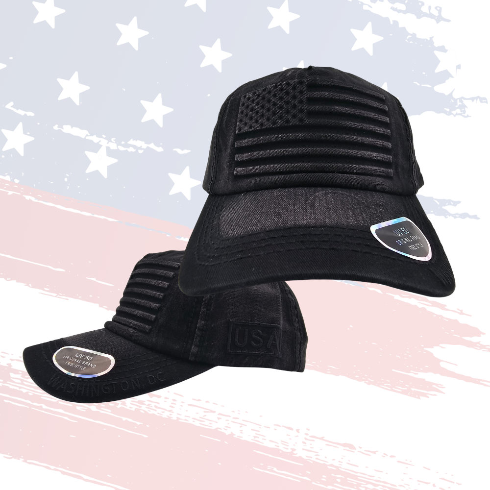 Black Embossed US Flag Baseball Cap – Adjustable, UPF 50 Sun Protection