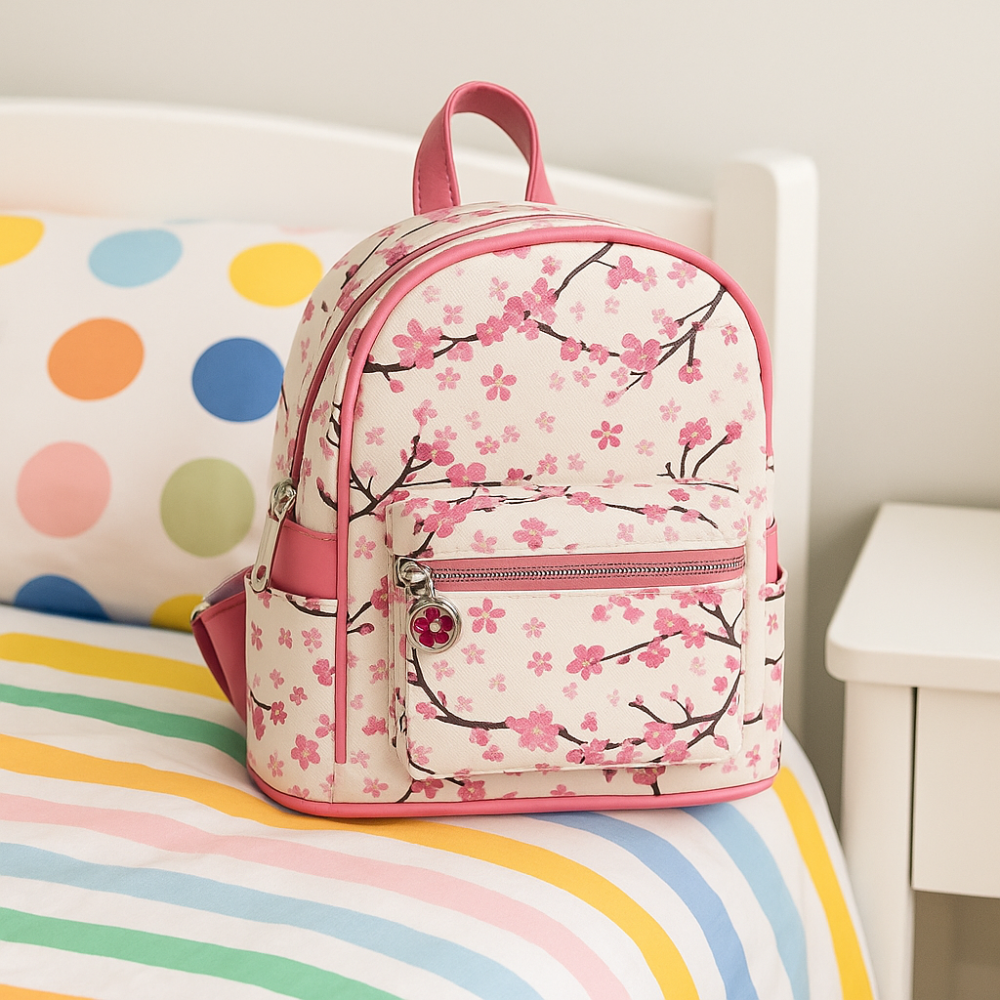 Cherry Blossom Mini Backpack – Stylish Everyday Bag with Extra Storage and Unique Zipper Pulls