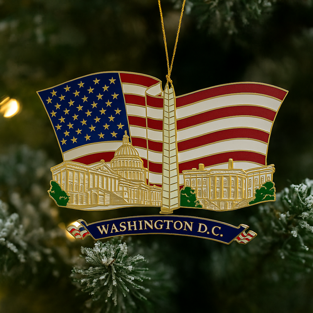 Holiday Brass Ornament – American Flag with U.S. Capitol, Washington Monument & White House Panorama