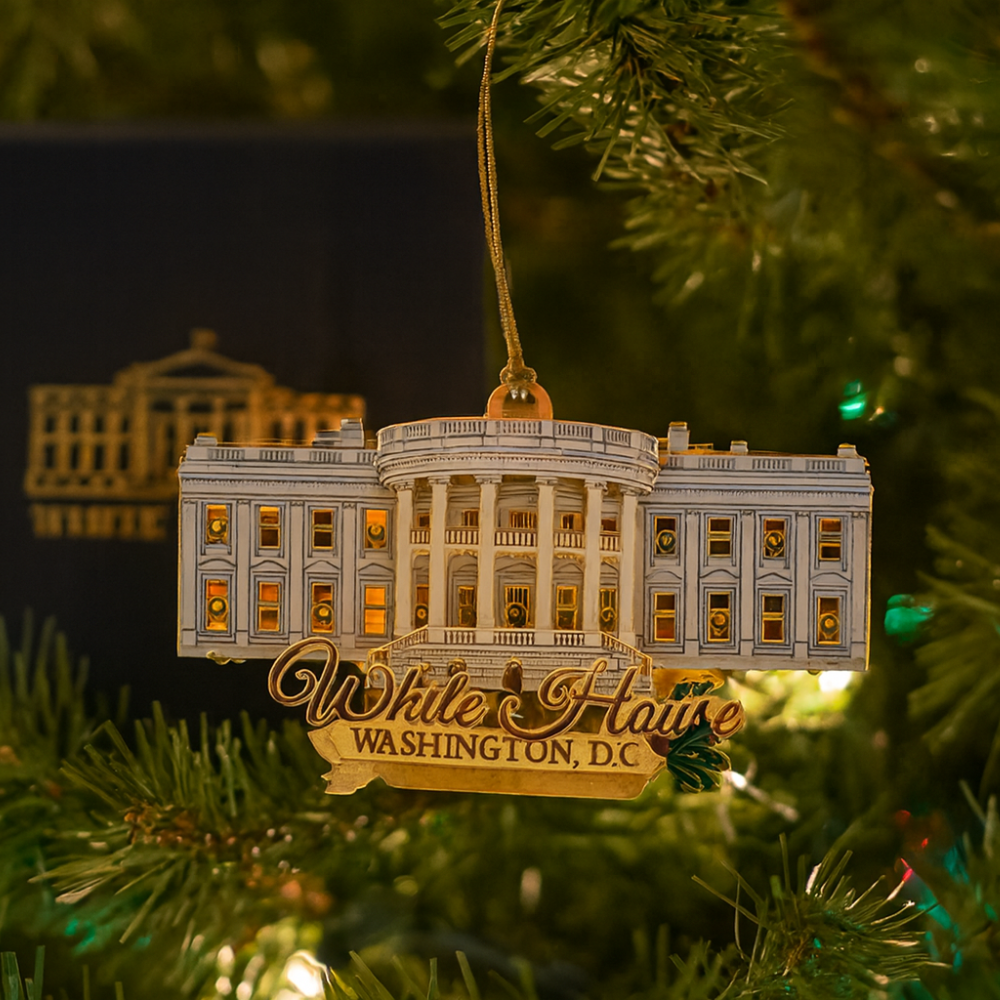 Exclusive 3D White House Christmas Ornament Christmas at the White House Navy Box with Gold Foil Washington DC 2