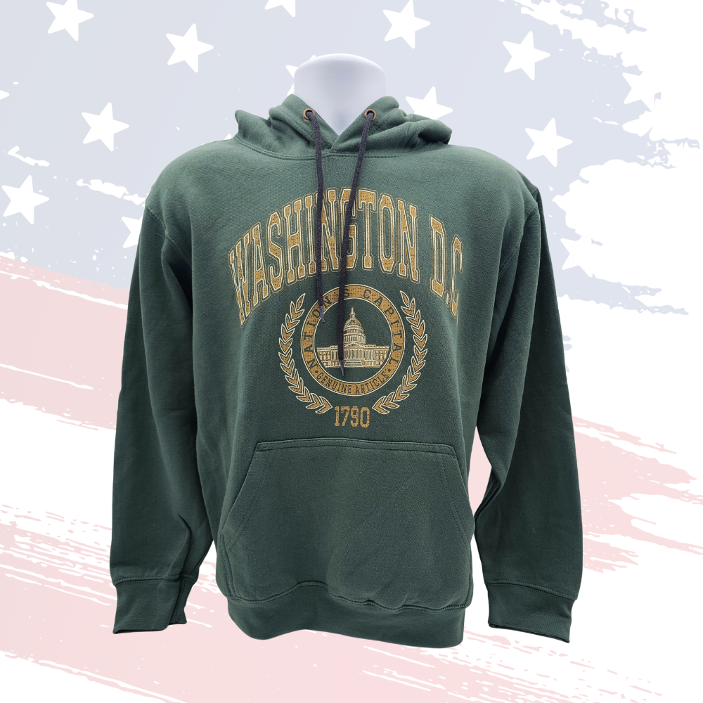 Forest Green Washington DC Capitol Dome Hoodie – Gold & White Design, High-Quality Cotton/Poly Blend