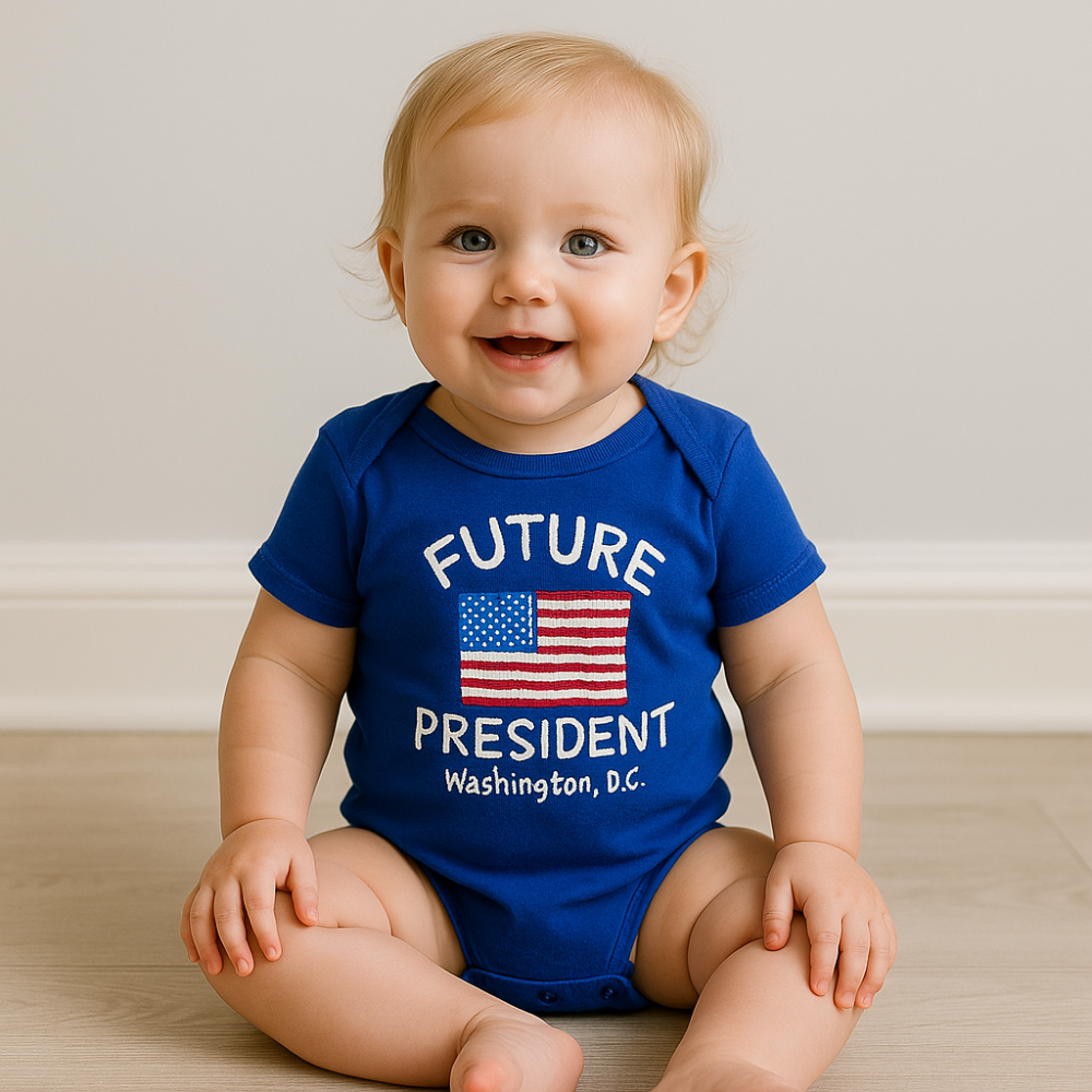 Future President Baby Onesie – Blue with American Flag | Washington, D.C. Design | 12 & 18 Month Sizes