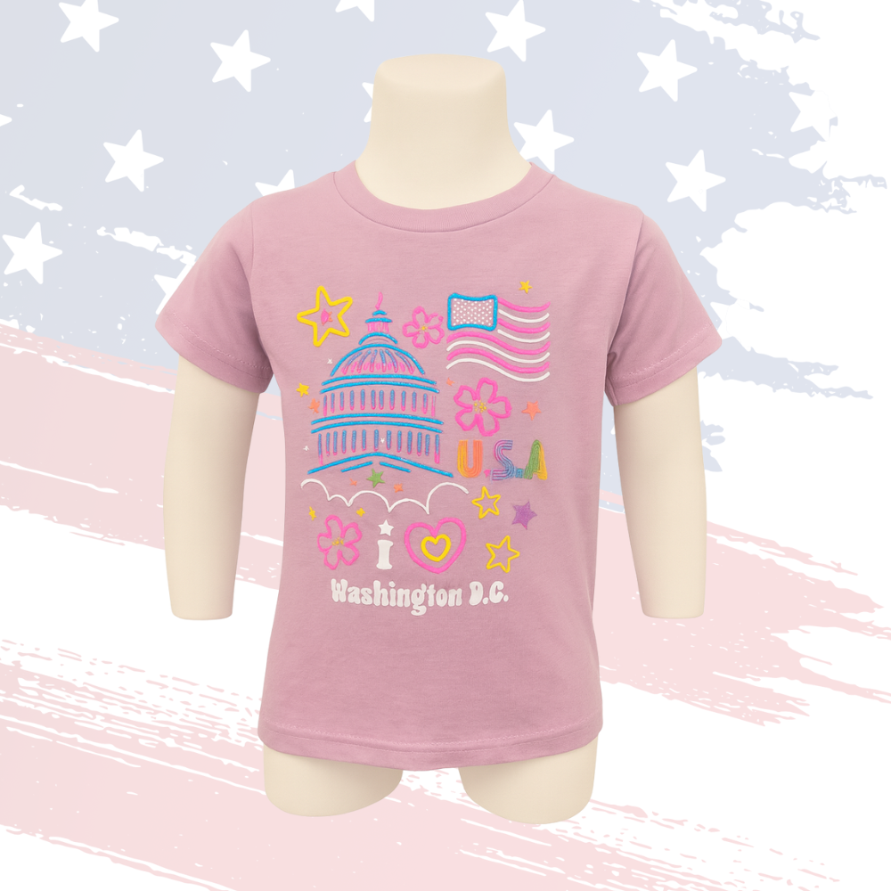 Girls’ Puff Print T-Shirt – Neon Whimsical Stars, Flags & Hearts, Soft & Playful