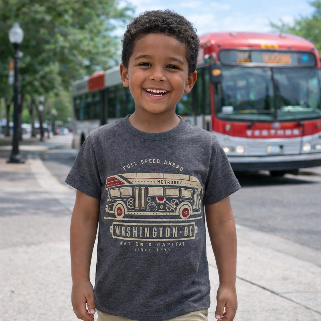 Kids Washed Blue Metrobus T-Shirt – Soft Unisex DC Tee, Sizes S–XL