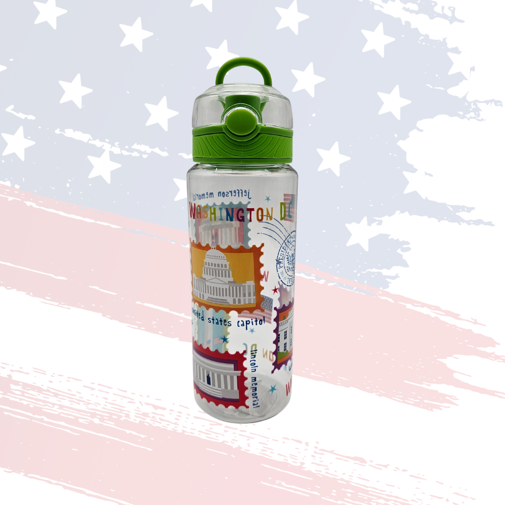 Kids Washington D.C. Water Bottle – Exclusive Landmark Stamp Design, BPA-Free, Green Rubber Top