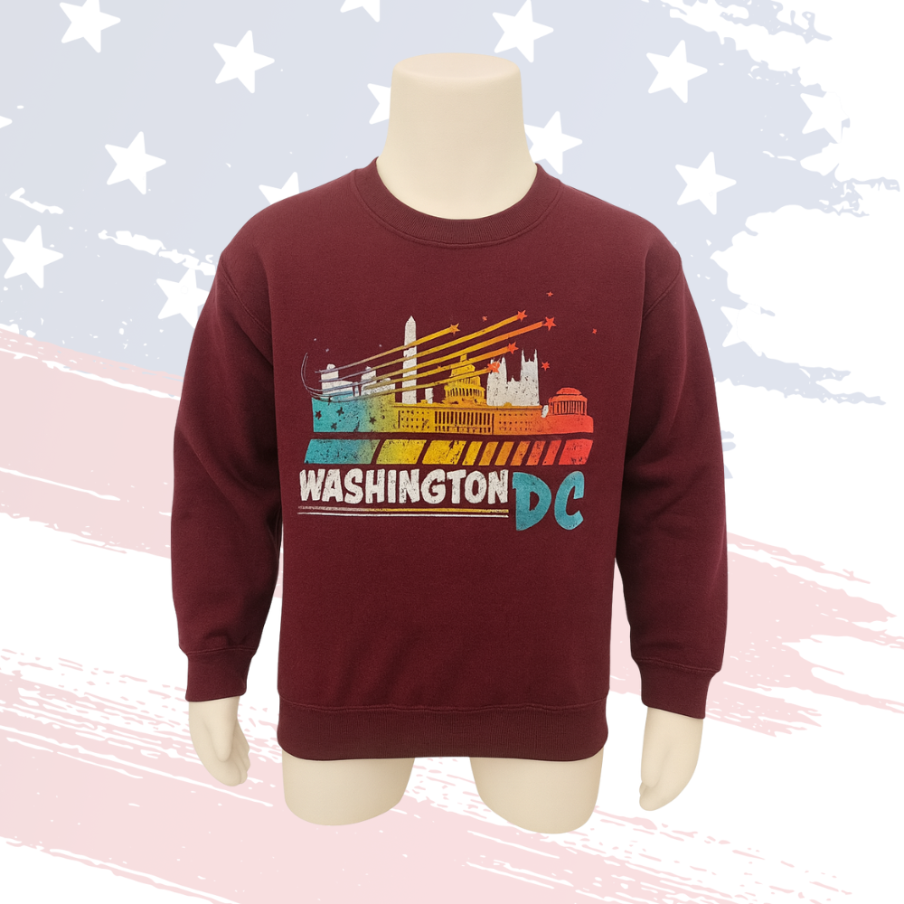 Kids Washington DC Crew Sweatshirt – Unisex Maroon with Retro Skyline Design