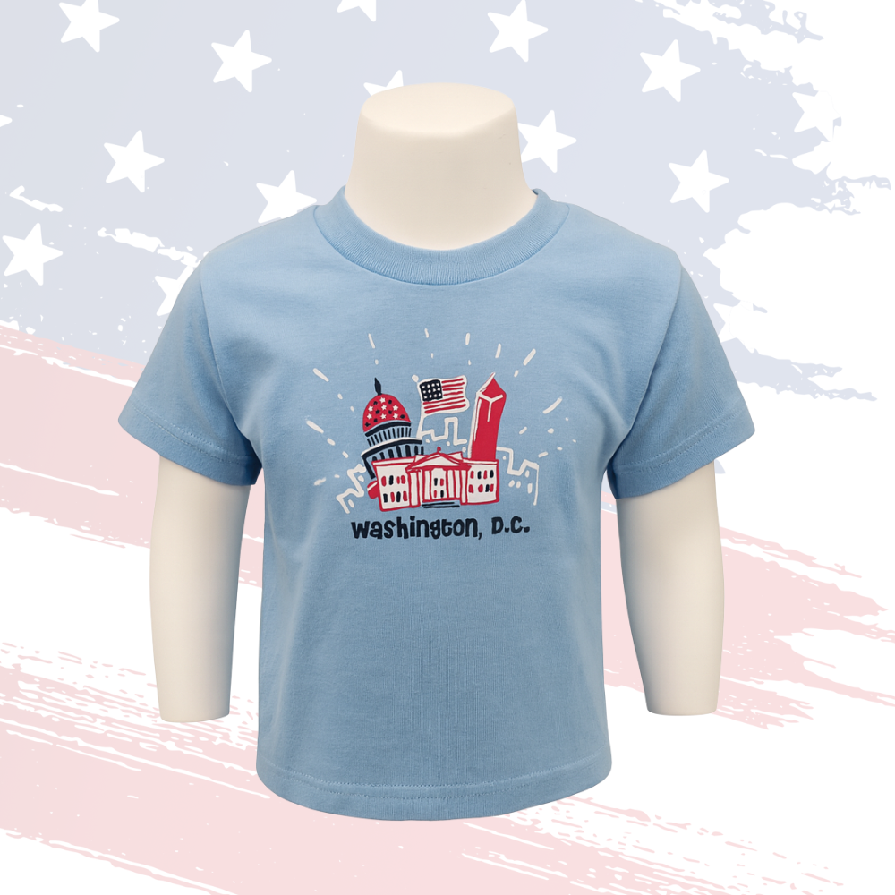 Light Blue Washington DC Toddler T-Shirt – Patriotic Icons & Fireworks Design