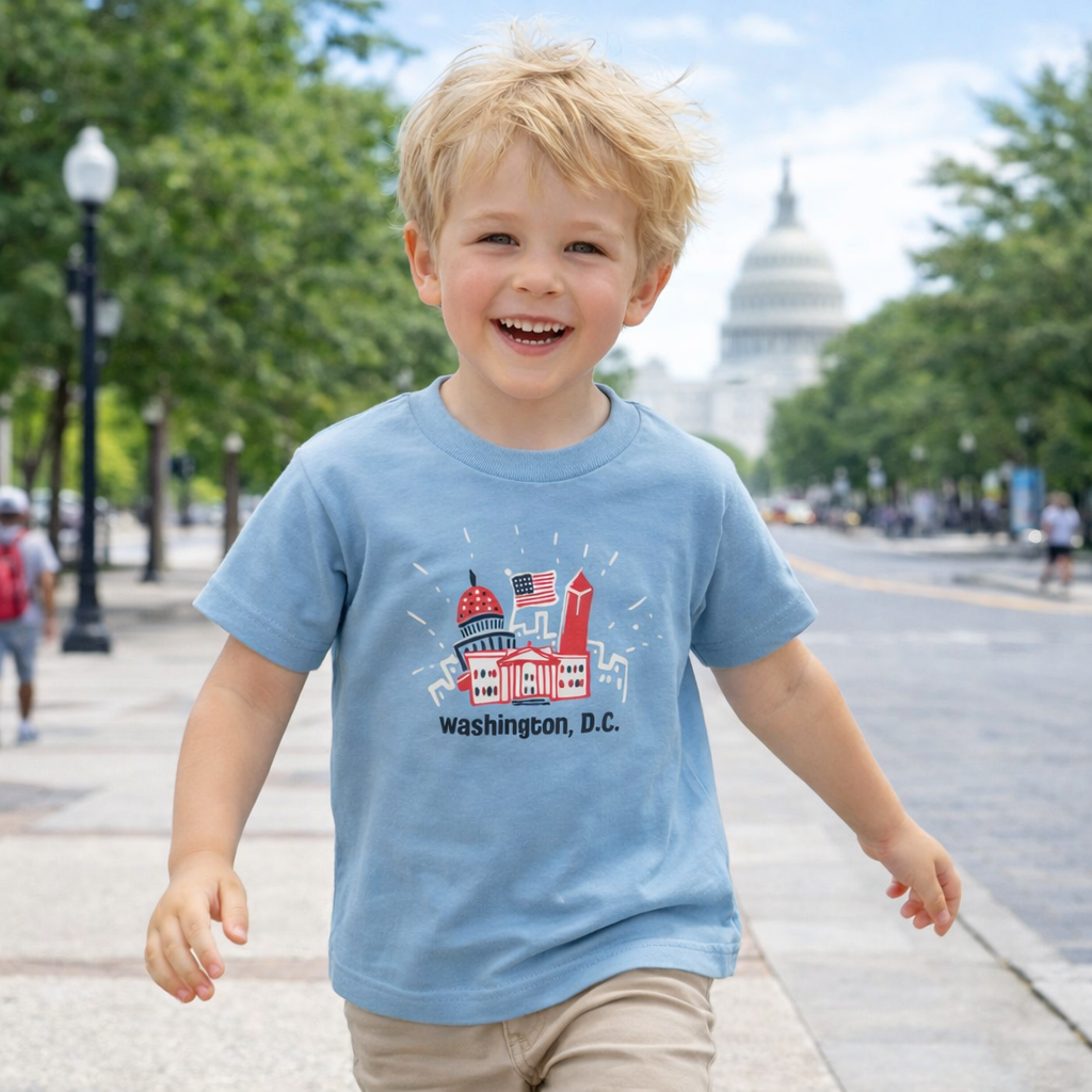 Light Blue Washington DC Toddler T-Shirt – Patriotic Icons & Fireworks Design